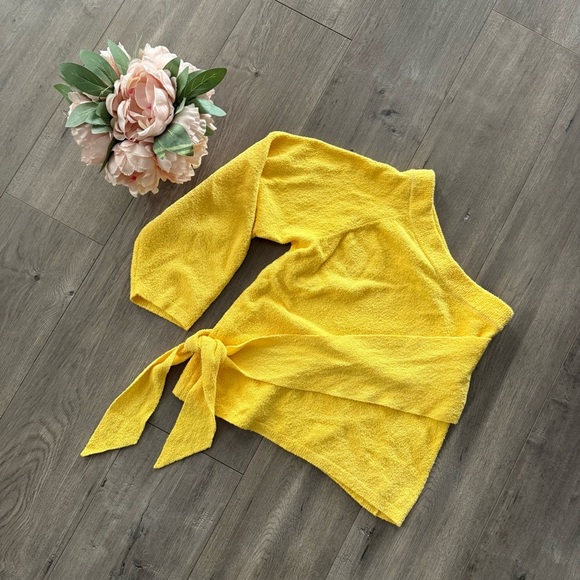 Nanushka Ceto Sunflower Yellow Terry Mix One Shoulder Wrap Sweater - Picture 1 of 6